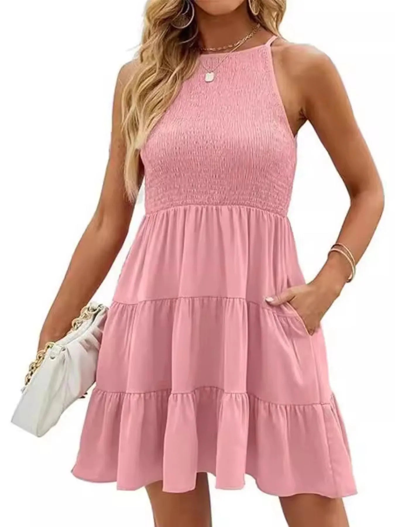 Full Size Sleeveless Smocked Tiered Summer Flare Dress Plus Size Pink