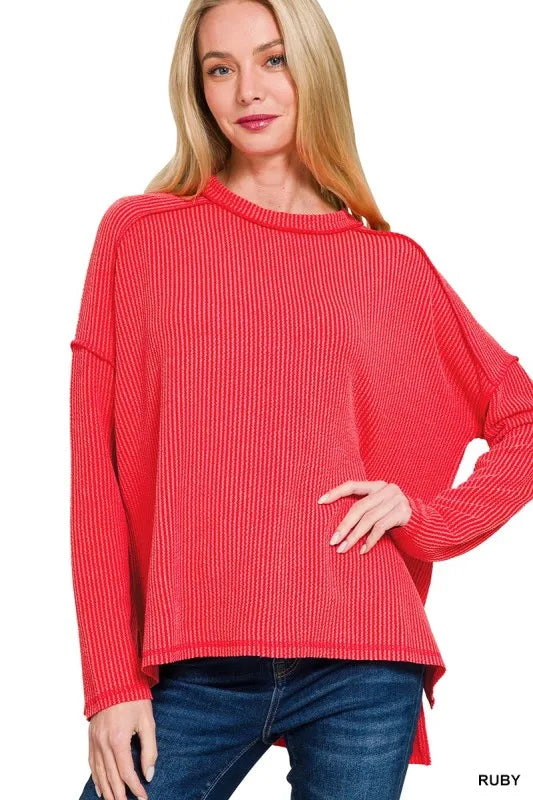 women's top: zenana full size exposed seam long sleeve corded rib kn shown as women’s outerwear