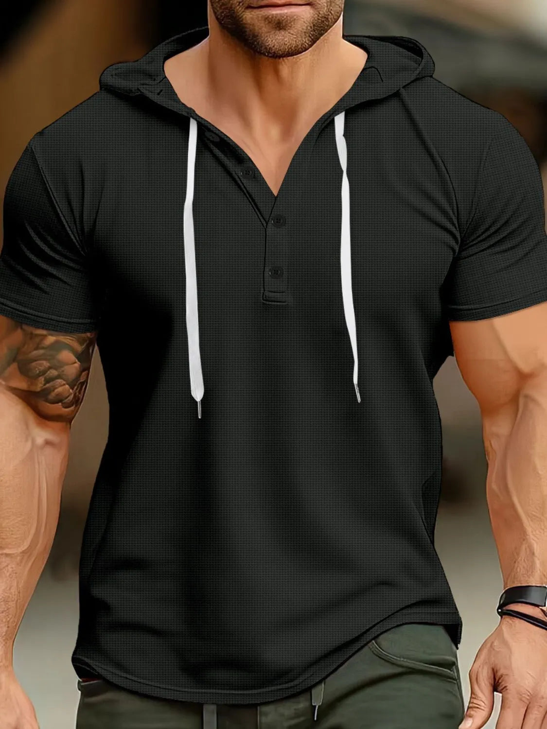 Men's Full Size Drawstring Short Sleeve Hooded Top Plus Size Black