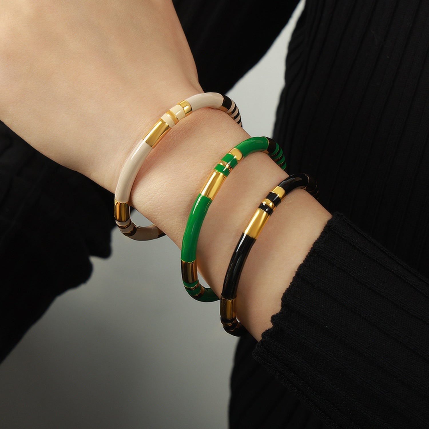 enamel titanium steel cuff bracelet shown as activewear