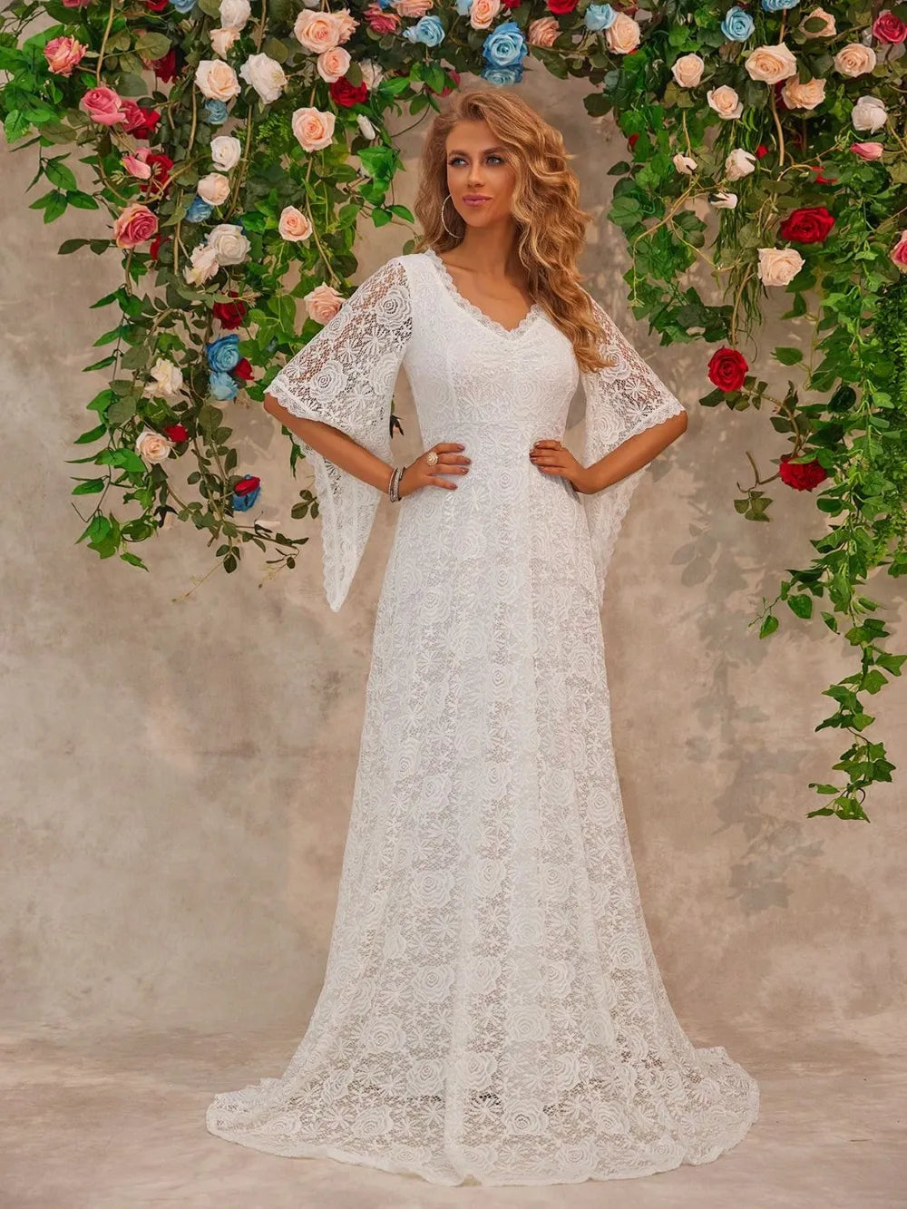 lace v-neck floor length dress shown as women’s dress