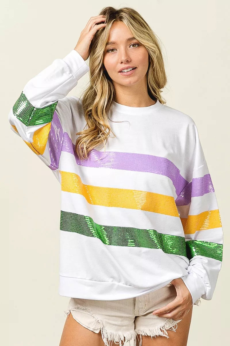 women's bibi sequin mardi gras striped round neck sweatshirt - extra view