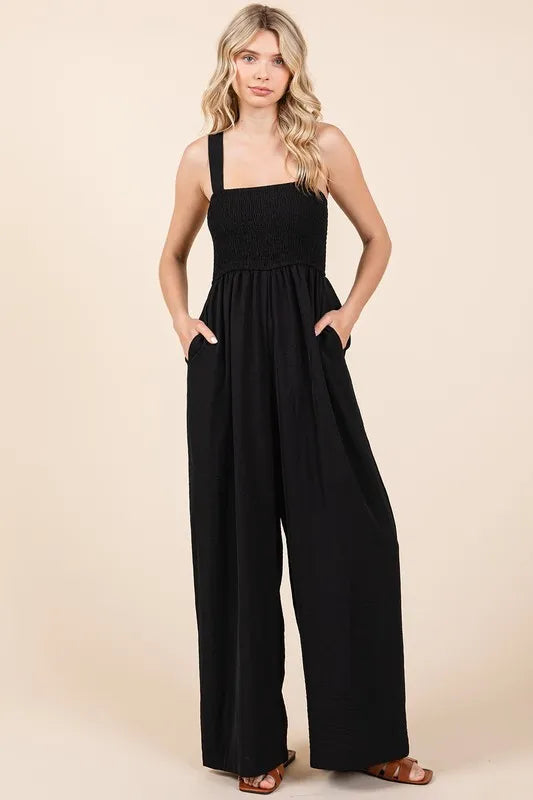 Mittoshop Smocked Wide Strap Wide Leg Overalls Black