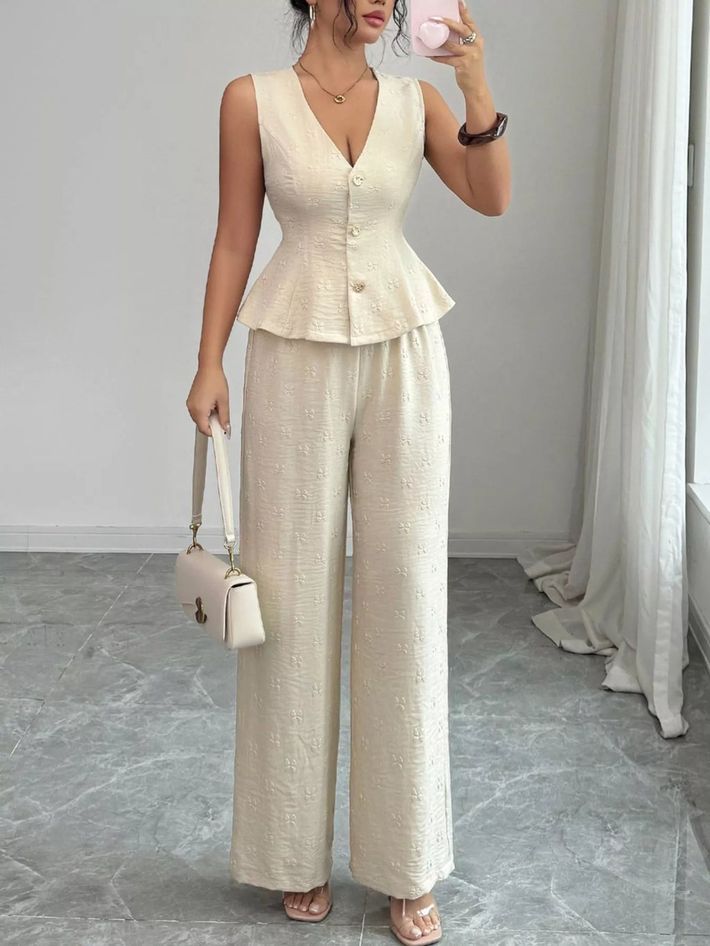 women's sleeveless peplum top and wide leg pants set - product detail