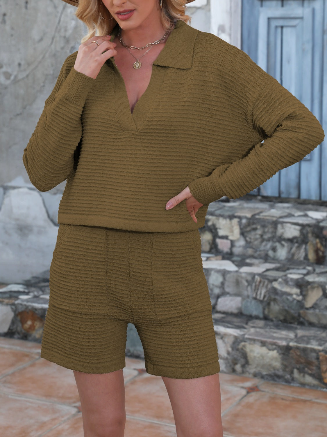Johnny Collar Long Sleeve Top and Shorts Sweater Set Olive