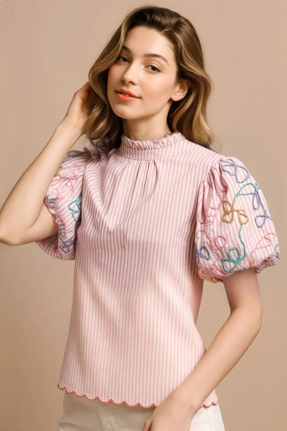 bibi embroidery bubble sleeve top with bottom scallop detail shown as women’s outerwear