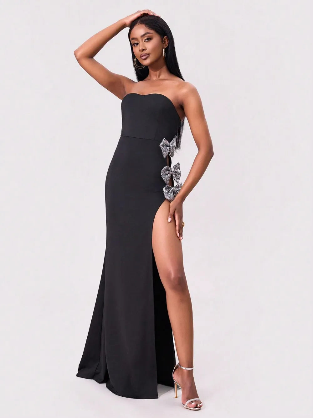 slit bow trim tube maxi dress shown as women’s dress