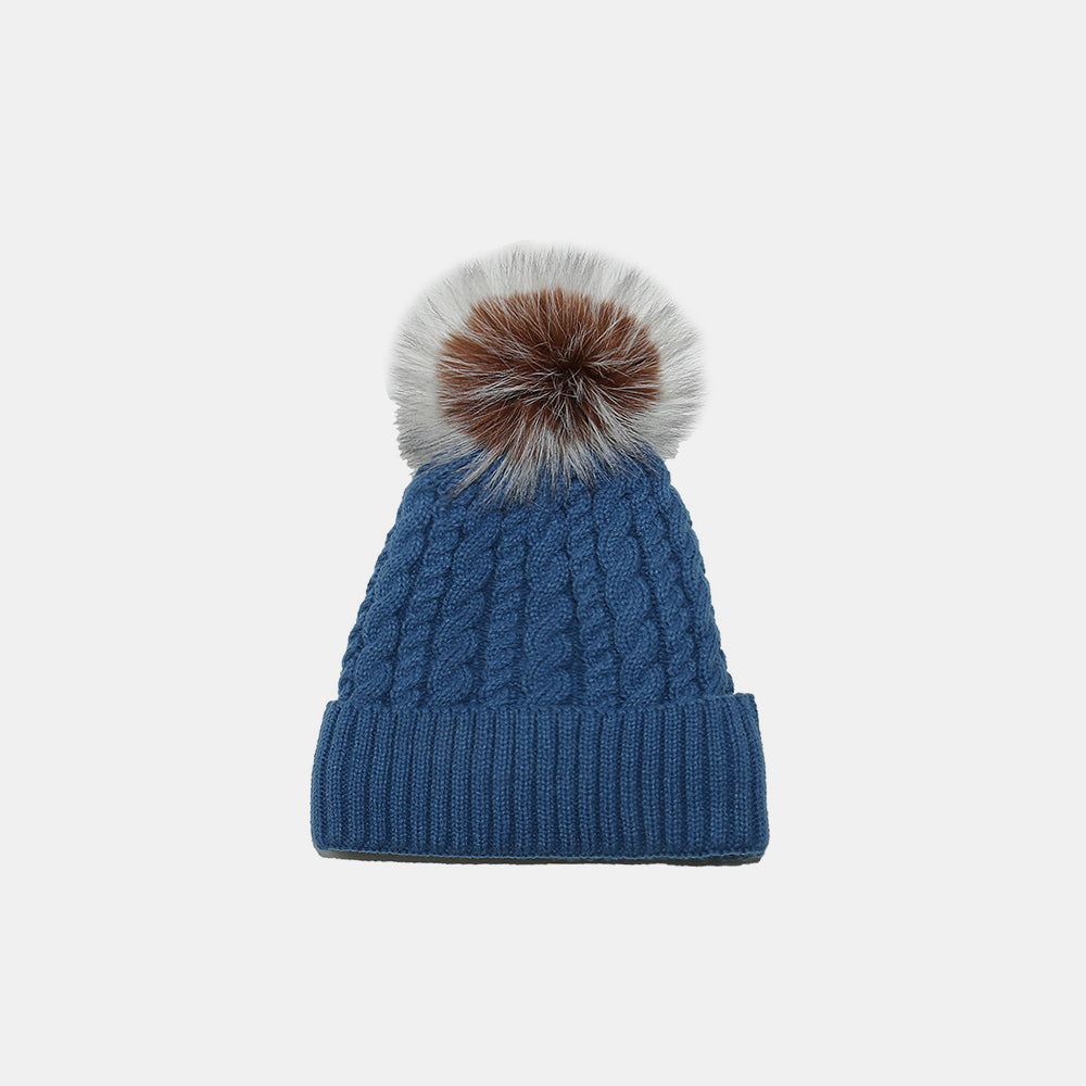 Cable Knit Winter Hat with Pompom Peacock Blue One Size