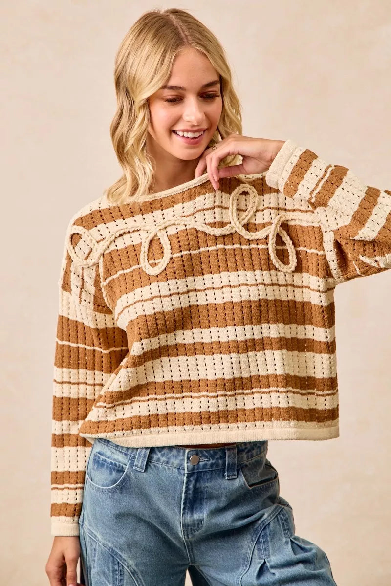 women's bibi striped open knit sweater top with front braided detail - lifestyle shot