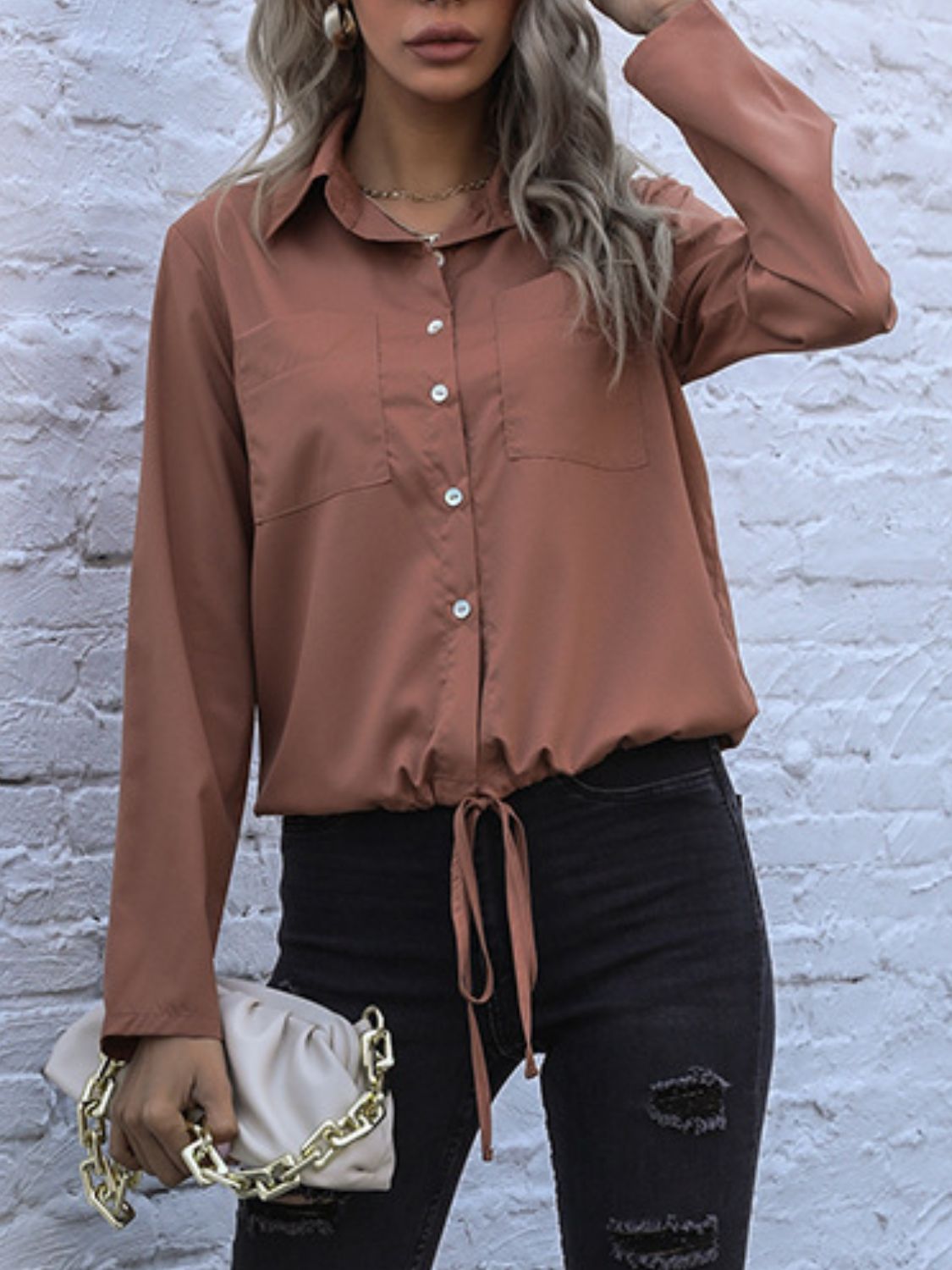 Perfee Tied Hem Button Down Long Sleeve Shirt Caramel
