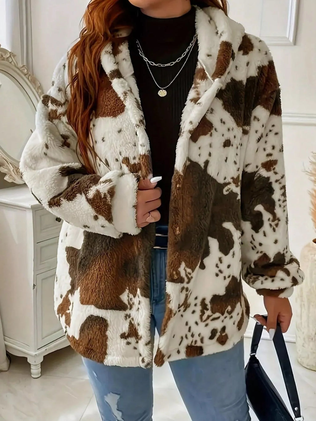 women's cow print plush hooded outerwear - side view