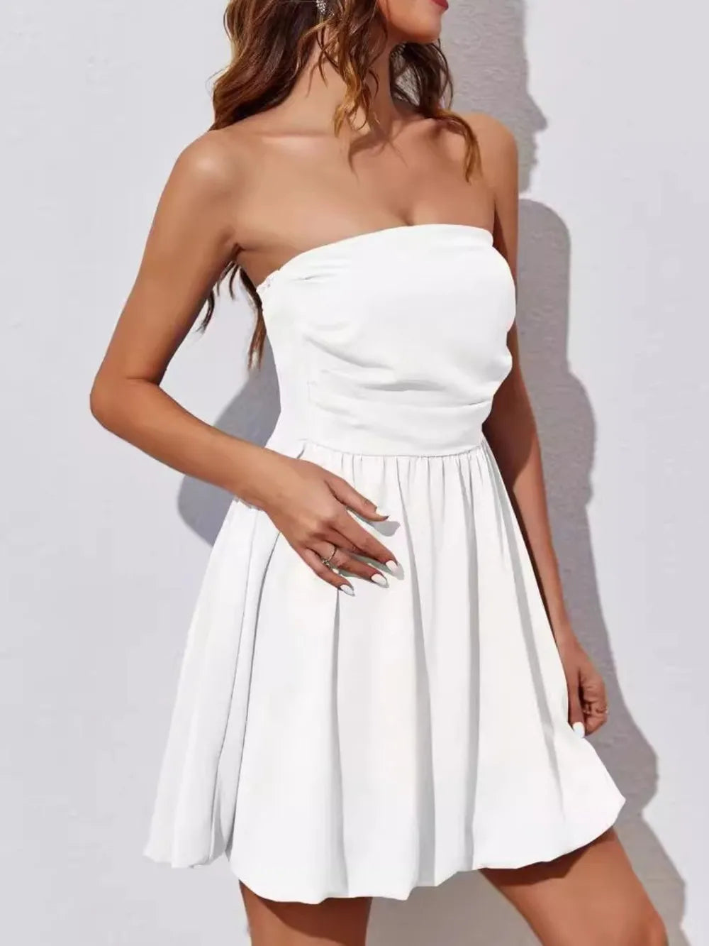 ruched tube mini dress shown as women’s dress