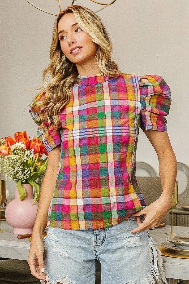 women's bibi short puff sleeve washed vintage plaid top - extra view