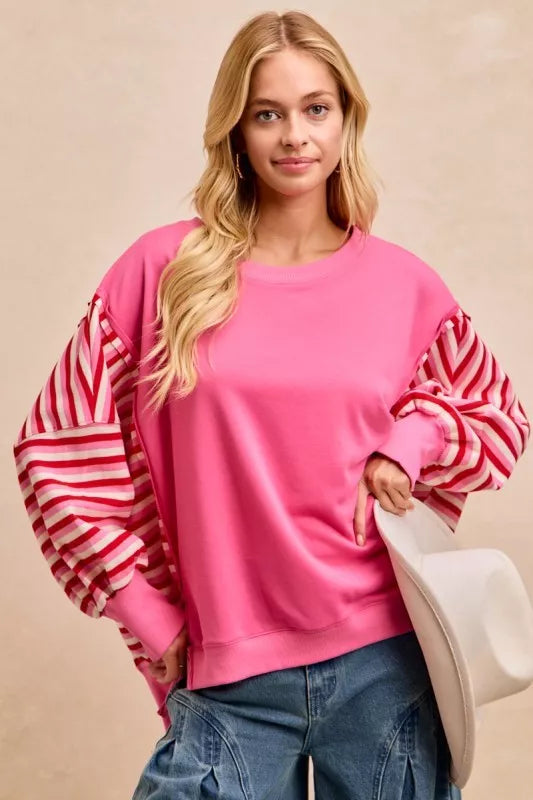 women's bibi french terry stripe combo sweatshirt with open seam - close-up detail