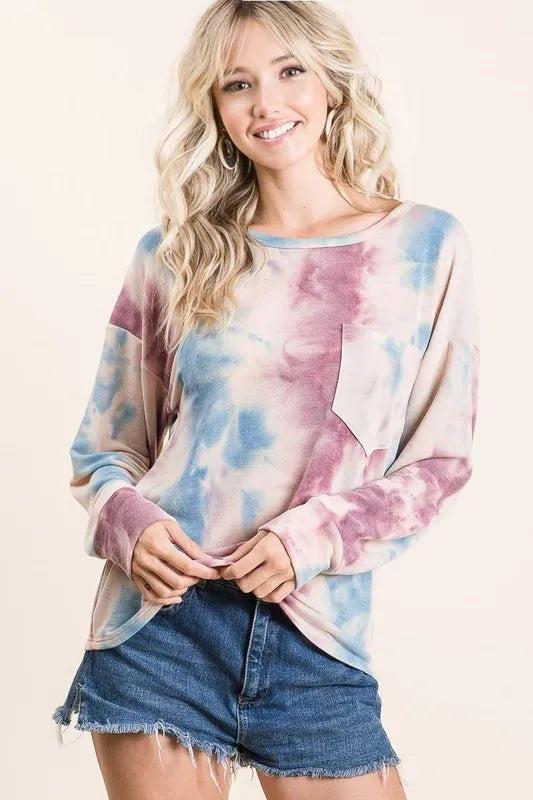 women's bibi tie dye print terry top with front patch pocket - detail shot