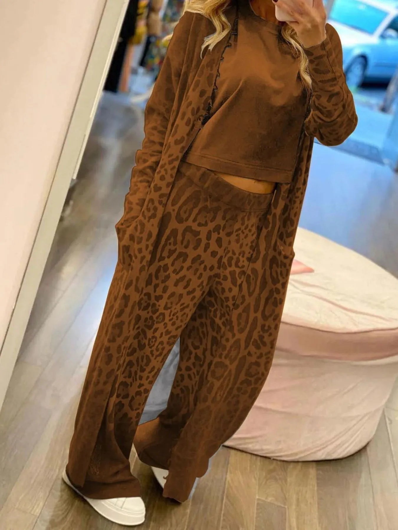 Long Sleeve Longline Outerwear and Pants Set Brown