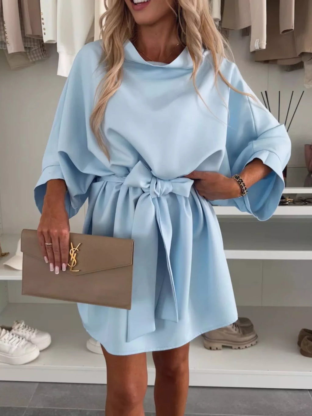 women's batwing sleeve tie waist mini dress - front view