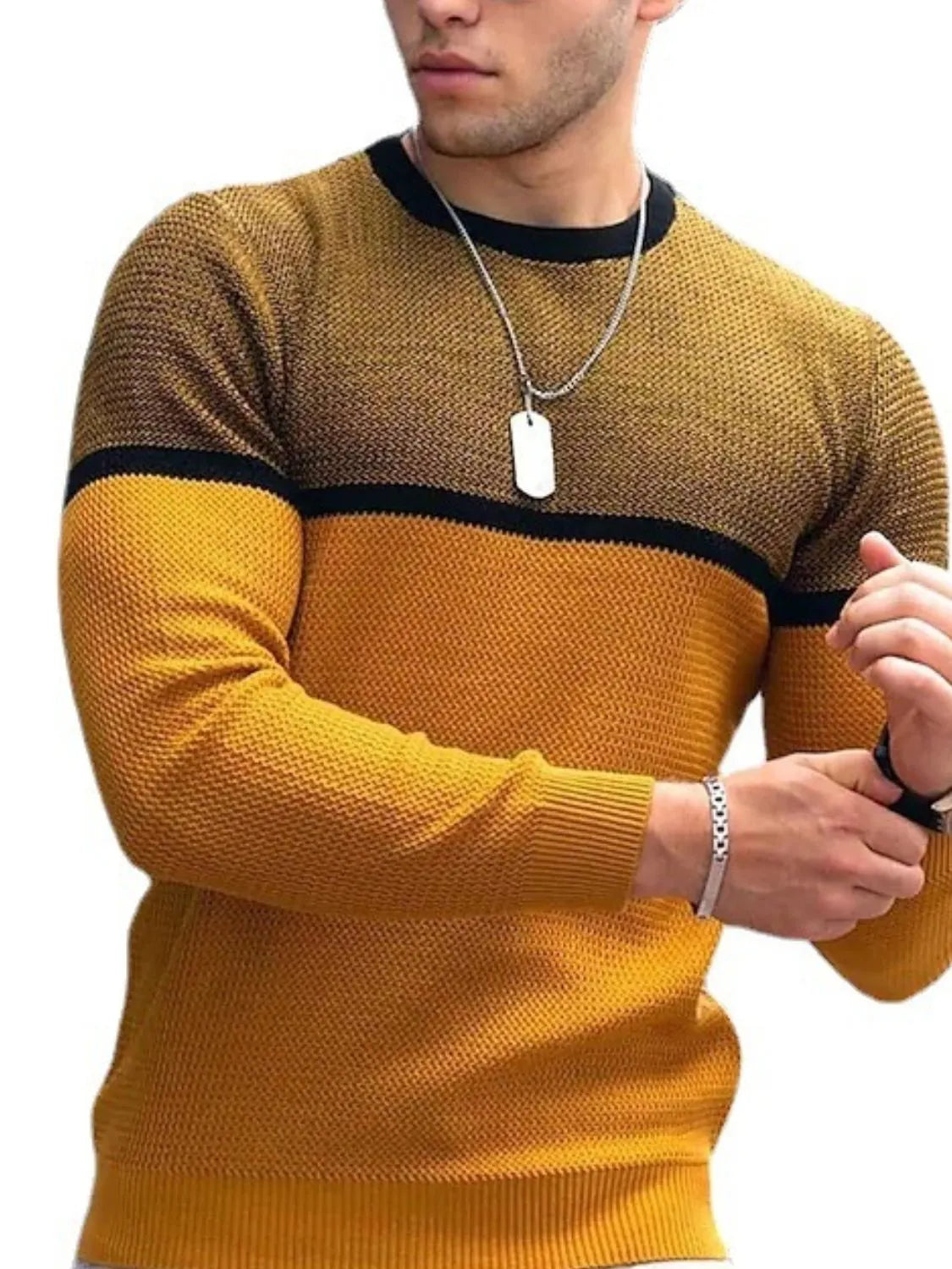 Men's Full Size Contrast Round Neck Long Sleeve T-Shirt