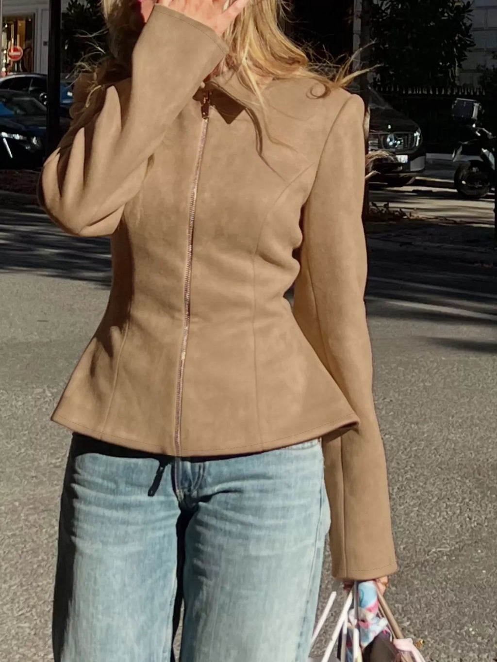 women's suede zip-up fitted jacket - alternate angle