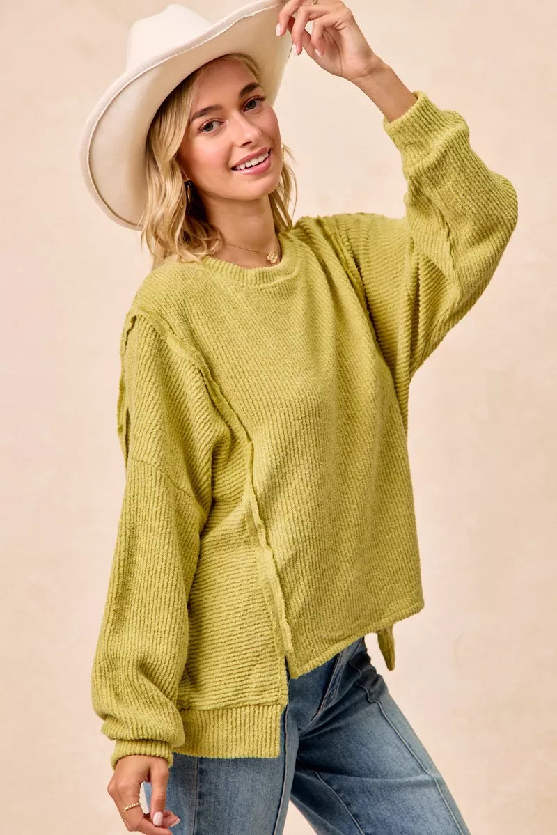 women's bibi boucle rib knit uneven hem sweater with open seam - extra view