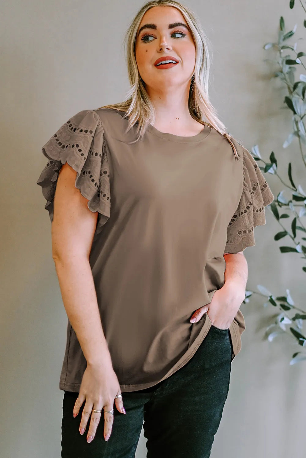 Plus Size Eyelet Round Neck Short Sleeve Blouse Mocha