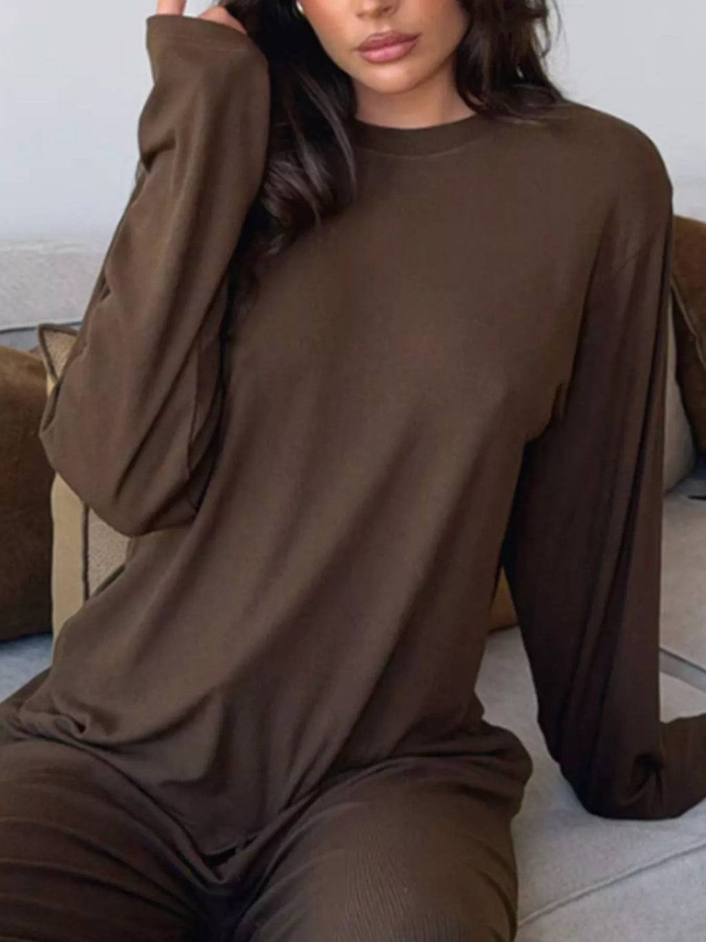 women's relaxed fit long sleeve top and pants set - close-up detail