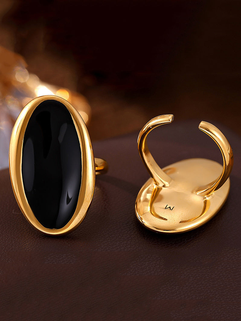 solid gold wedding ring halo setting ring Stainless Steel Oil Drip Elliptical Open Ring in Gold, Silver, size One Size, shown in top view highlighting gemstone detail