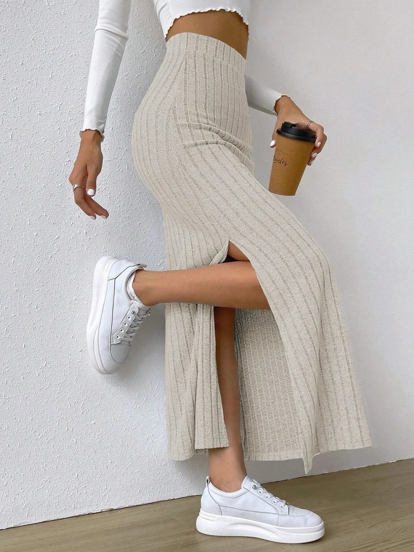 High Waist Ribbed Knit Maxi Skirt Apricot