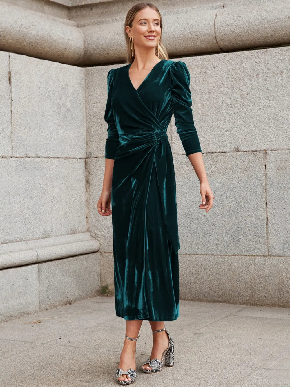 Surplice Puff Sleeve Midi Dress – Donjane Dark Green