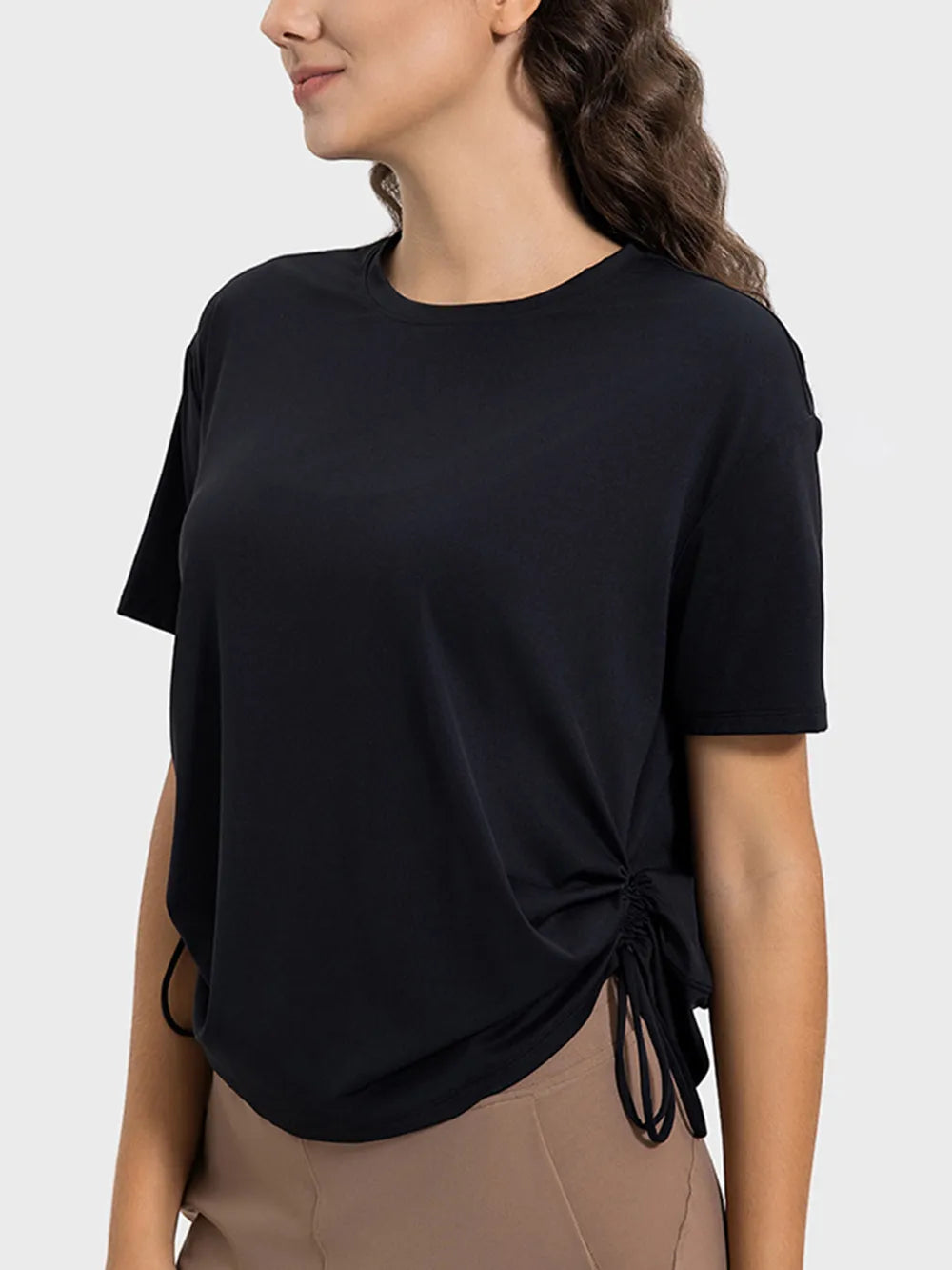 women's millennia drawstring round neck short sleeve active t-shirt - styling option