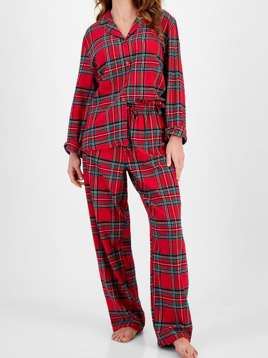 Plaid Collared Neck Button Up Top and Pants Lounge Set Deep Red