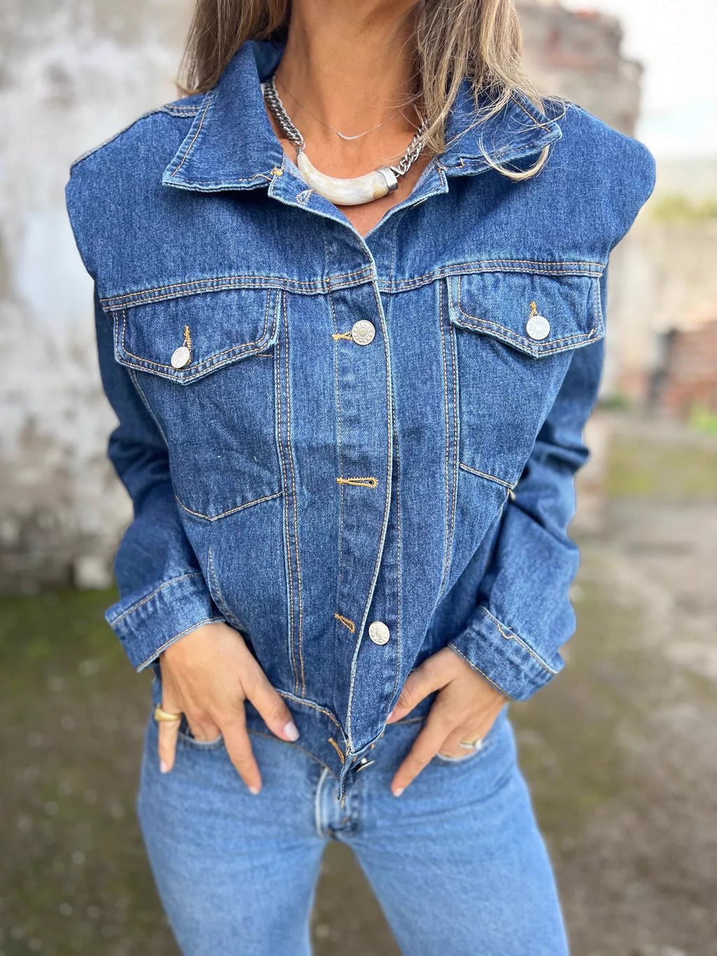 women's plus size button up chest pockets denim jacket - detail shot