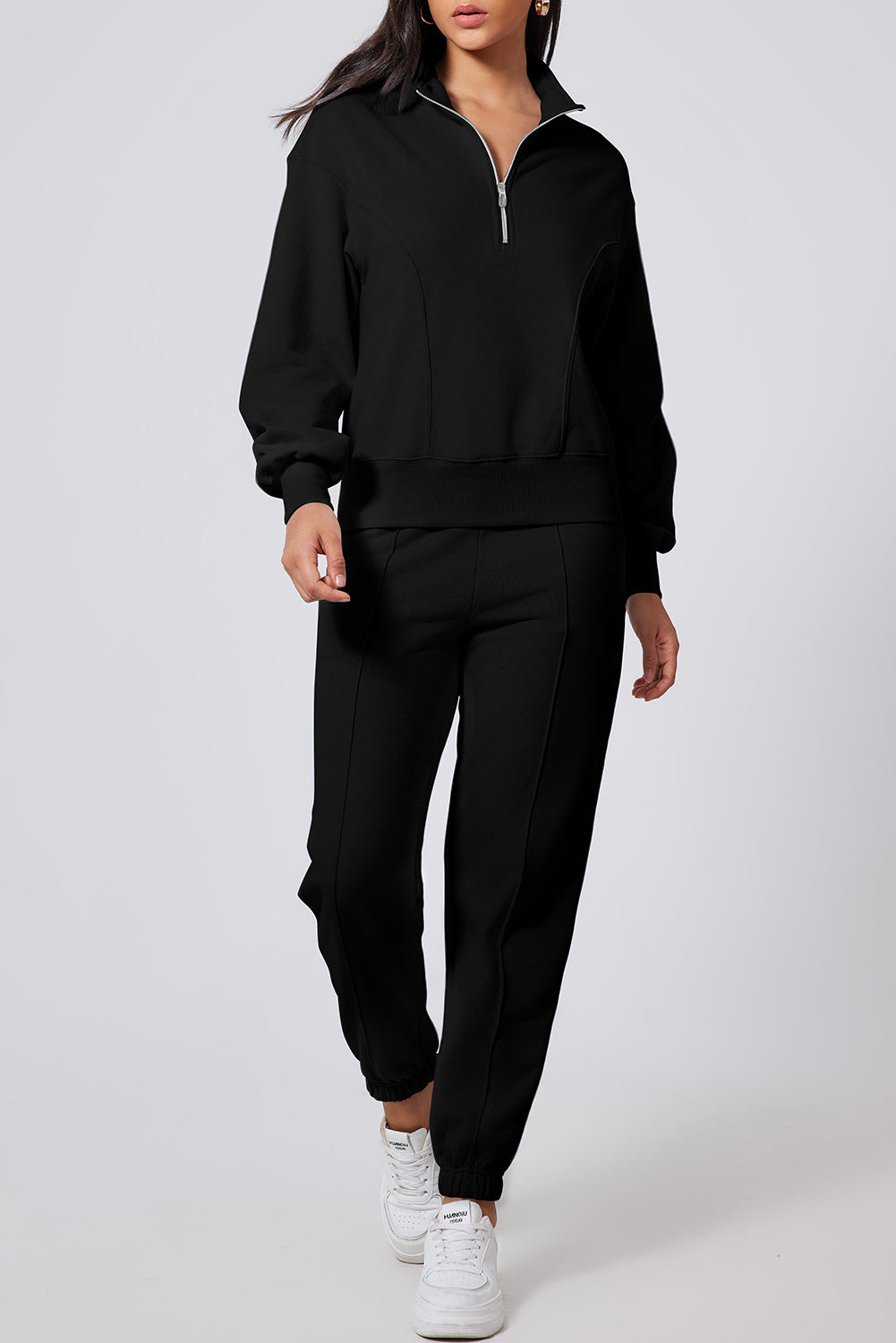 Half Zip Long Sleeve Top and Joggers Active Set Black