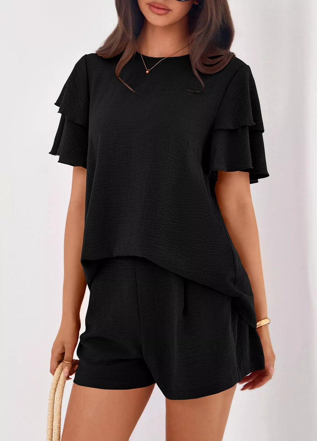 women's ruffle sleeve top and shorts two-piece set - product detail