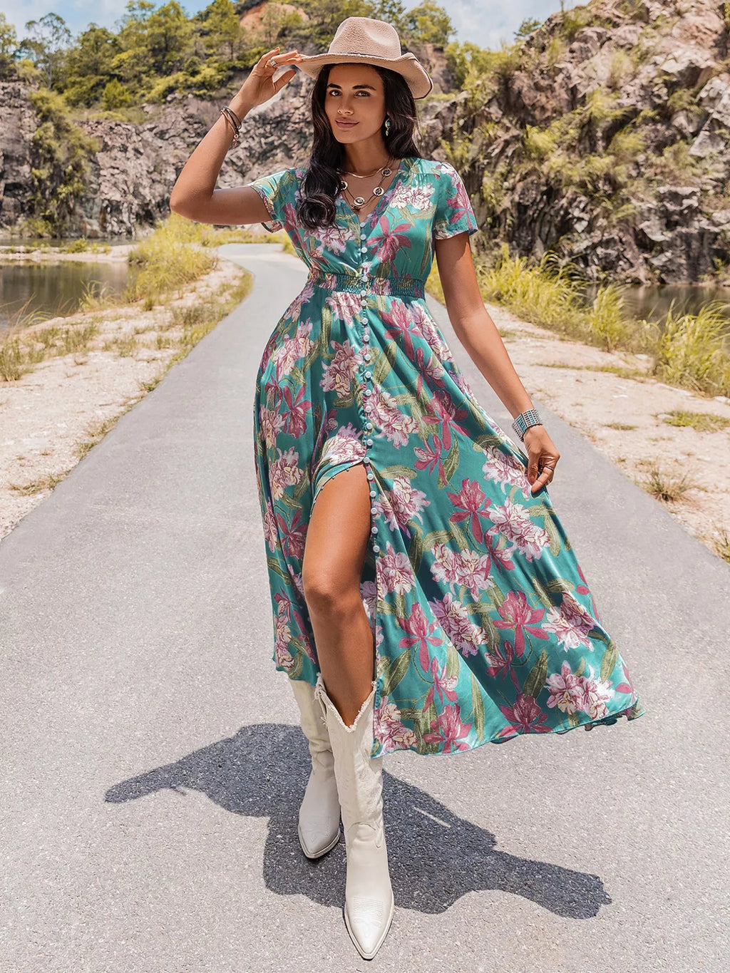 women's floral print short sleeve dress - styled view