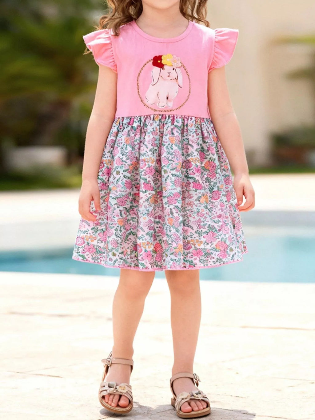 women's children's floral print bunny ruffle sleeve dress - styled view
