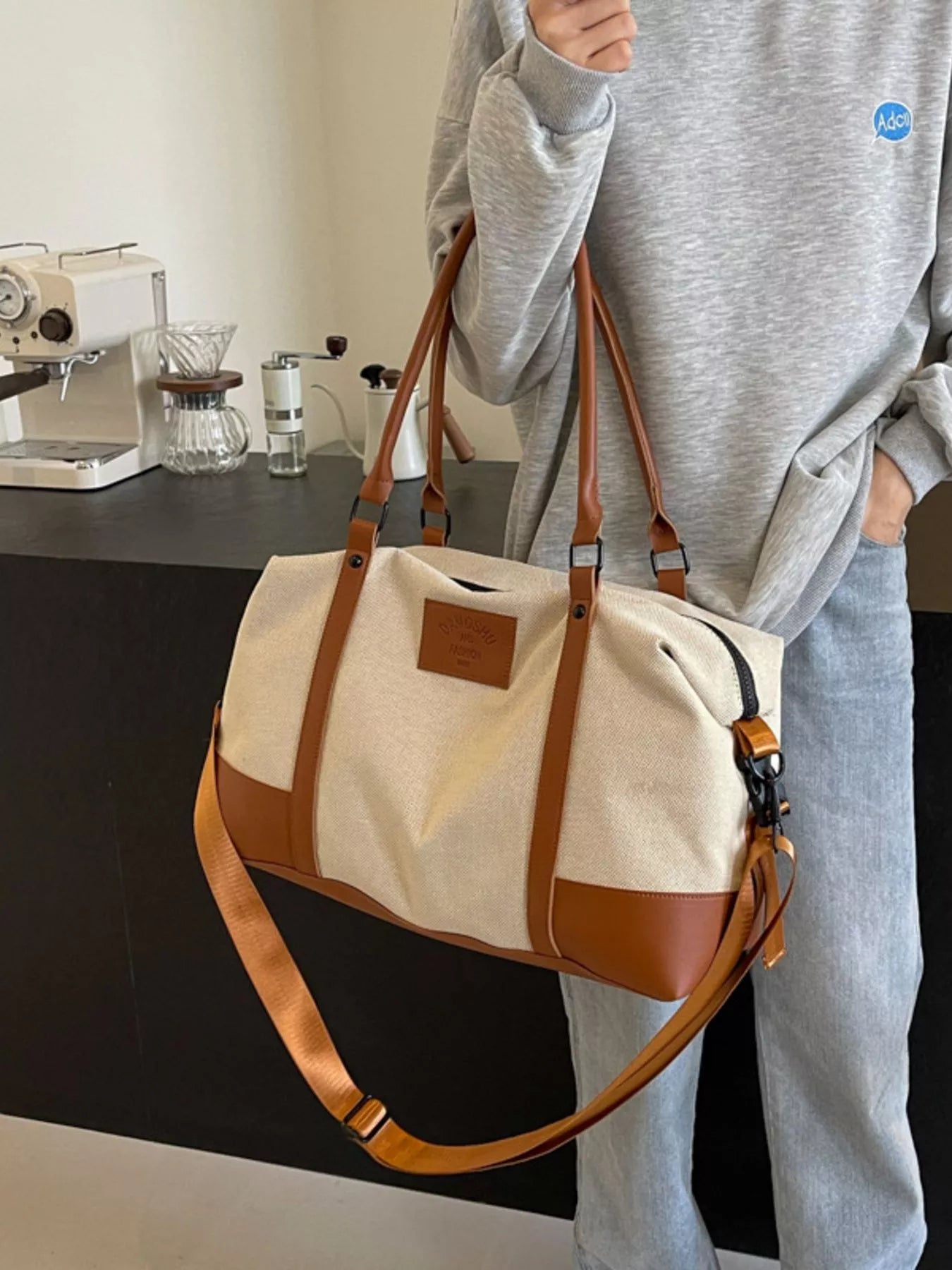 women's canvas leather trim travel  bag - extra view