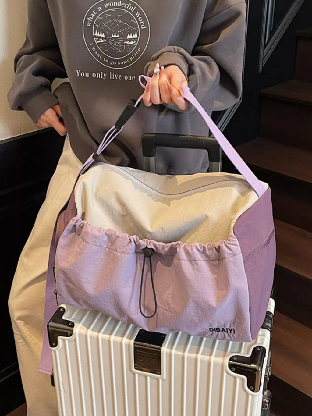 women's lightweight drawstring closure travel bag - additional angle