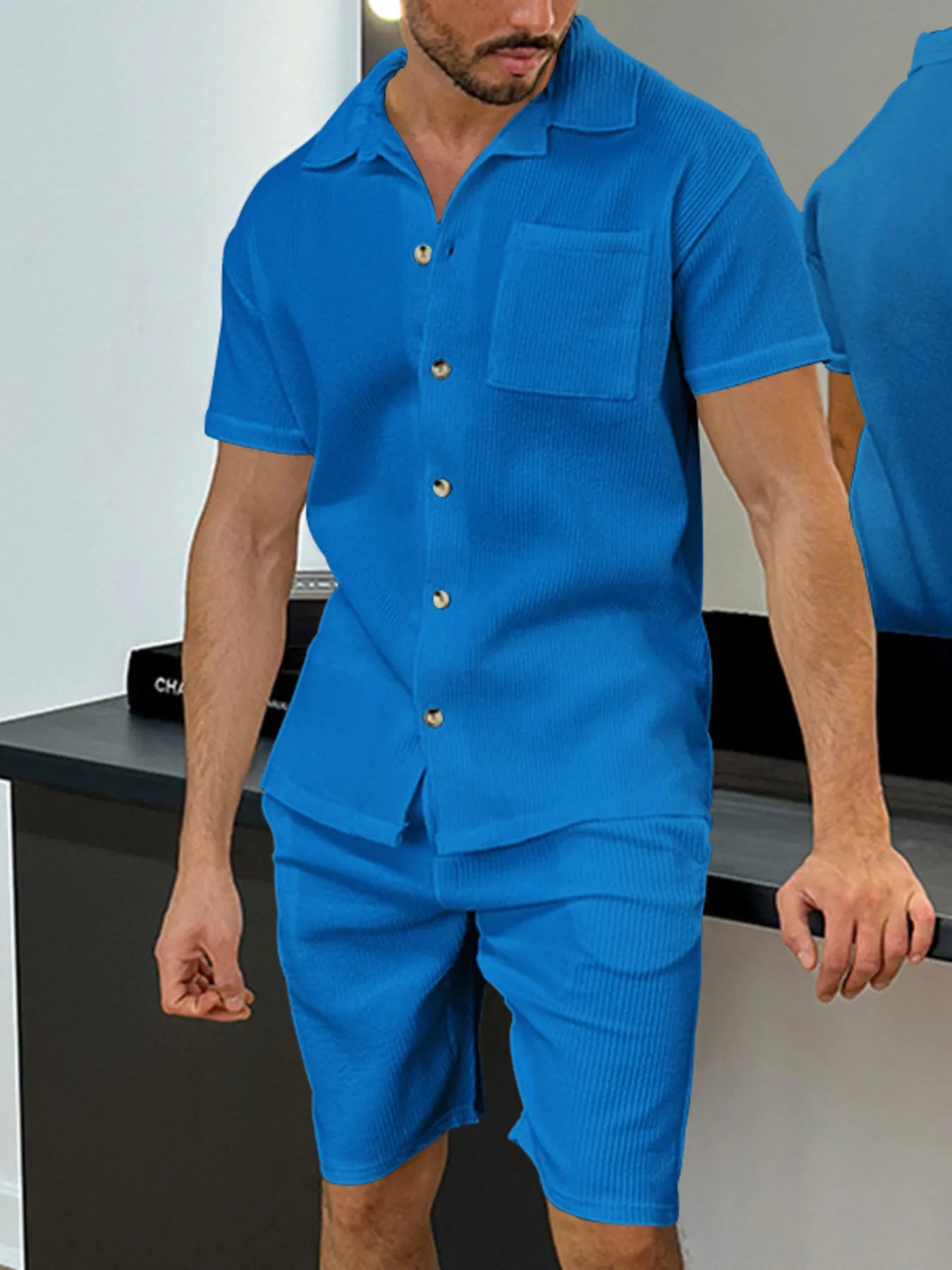 men's men's full size button up top and shorts set plus size - extra view