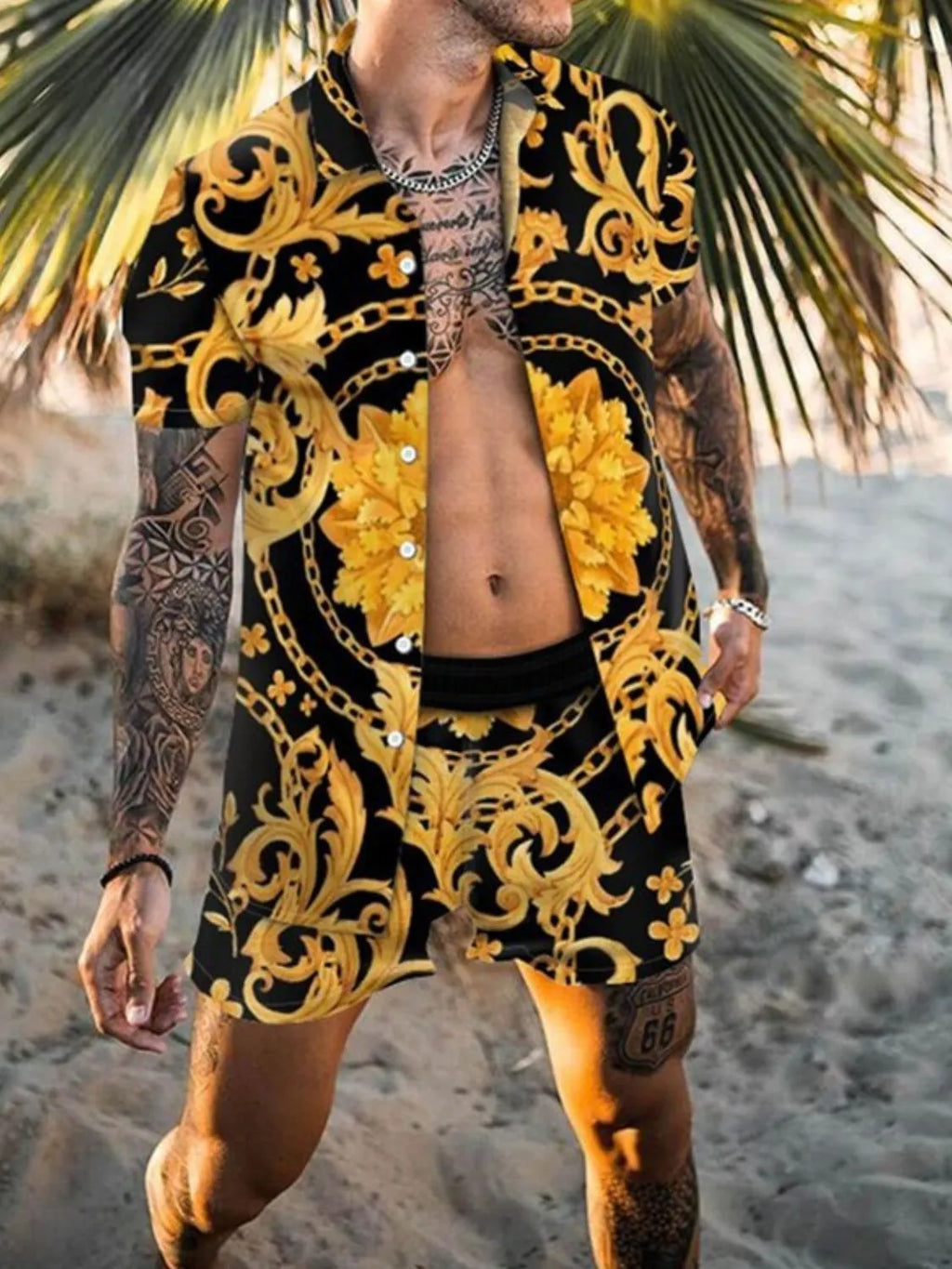 men’s outfit set – men’s gold plus size printed shirt & shorts set