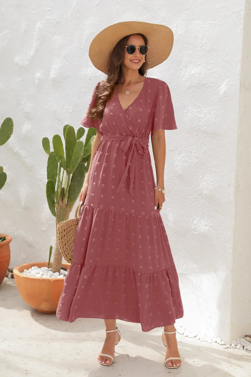 Swiss Dot Tied Surplice Short Sleeve Dress Dusty Pink