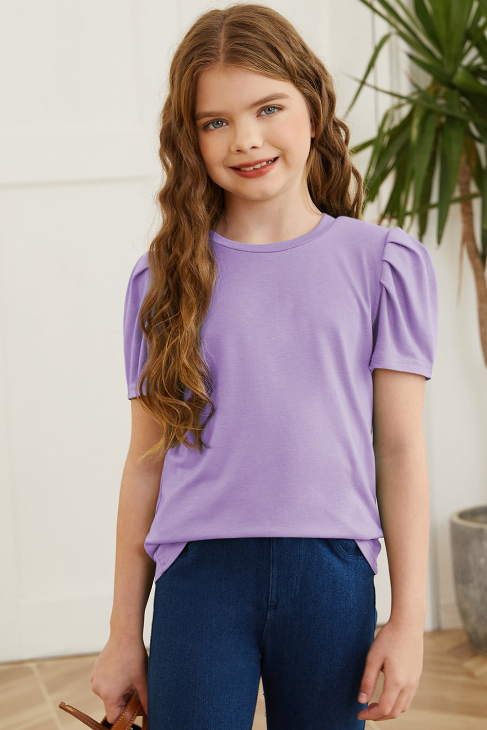 Round Neck Puff Sleeve T-Shirt Heliotrope Purple