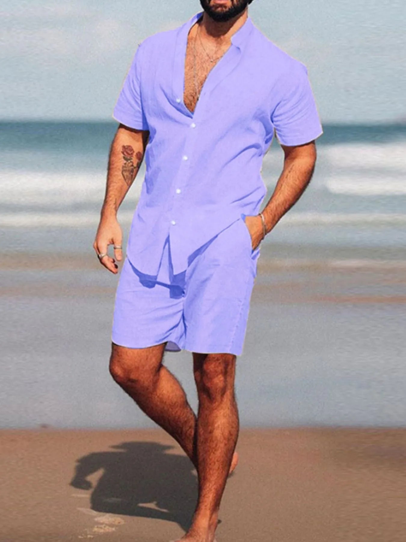 men's men's full size short sleeve shirt and shorts set plus size - styled view