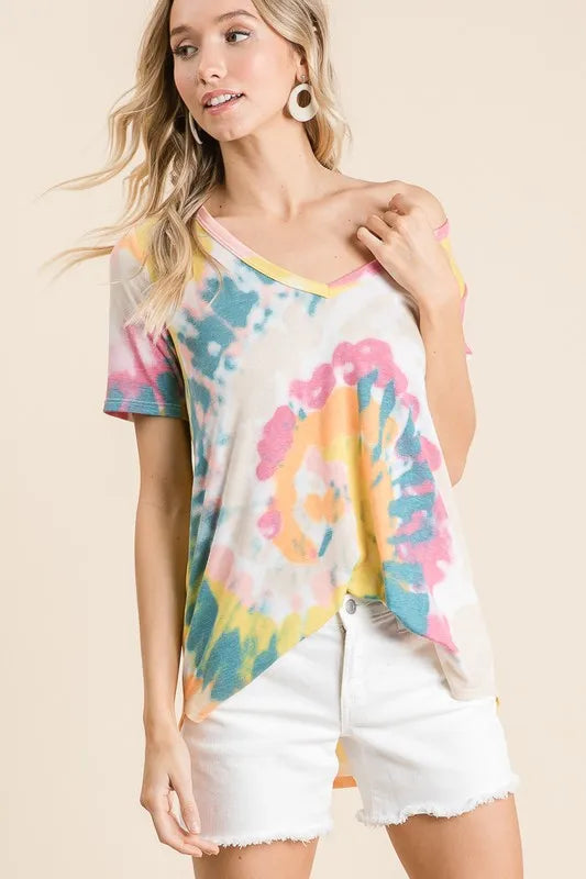 women's bibi circular tie dye print v neck top - styling option