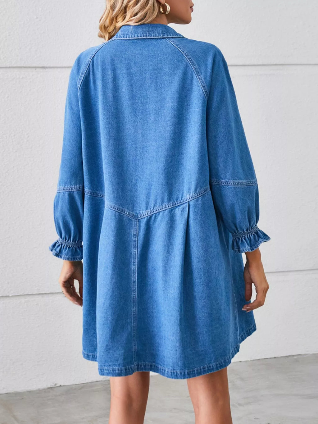 women's button-front ruffle cuff denim dress - second view