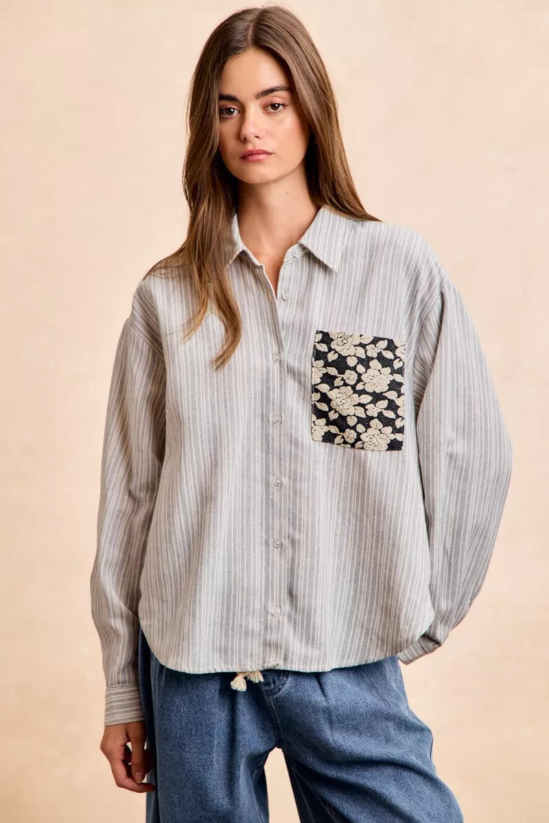 women's bibi flower jacquard knit patch pocket stripe shirt - front view