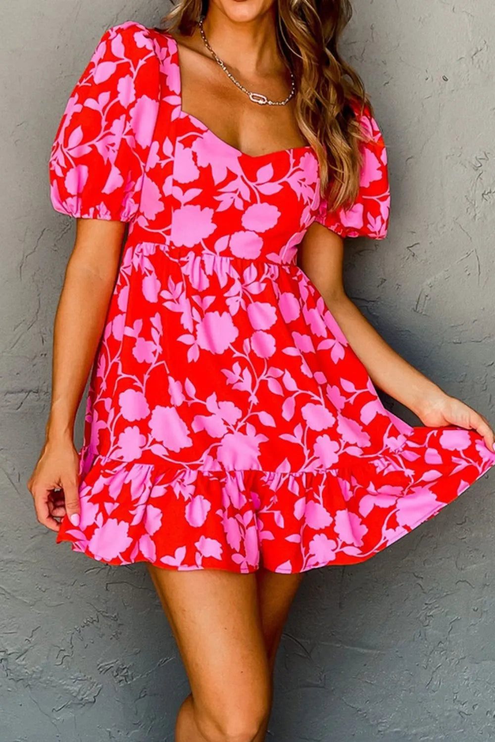 women's floral puff sleeve sweetheart neck ruffled mini dress - second view