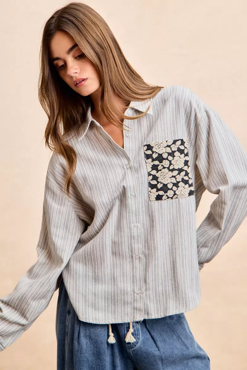 women's bibi flower jacquard knit patch pocket stripe shirt - product detail