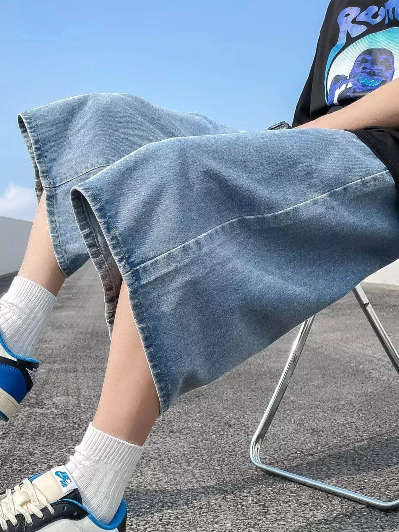 men's men's full size vintage wash wide-leg denim shorts plus size - extra view