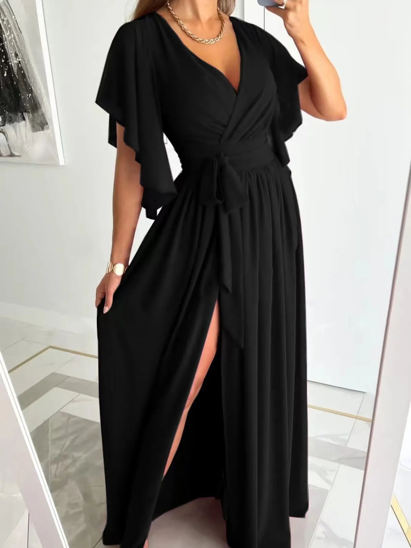 Flutter Sleeve Surplice Tie Waist Dress Black